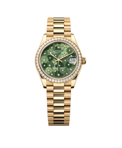Super Clone Rolex ,Olive Green, Floral Motif Set With Diamons , 31 mm
