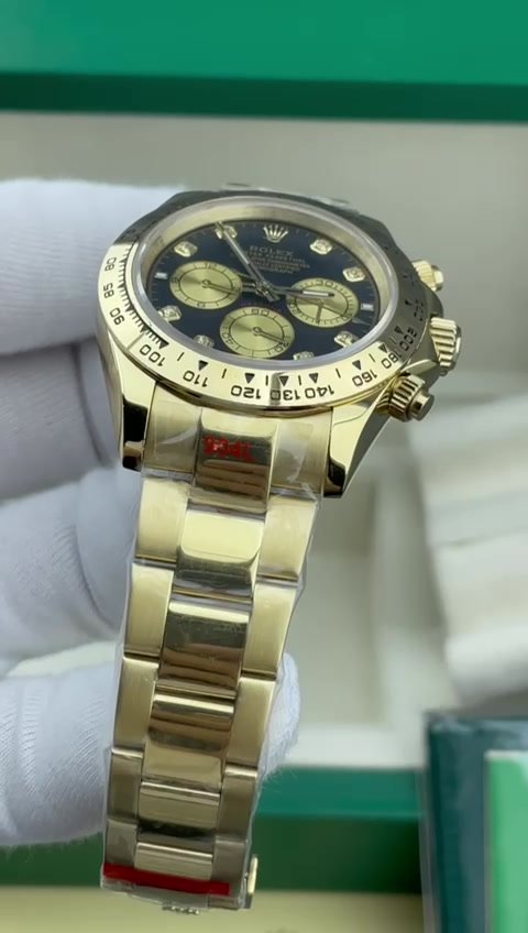 Super Clone Rolex Cosmograph Daytona, Black, Diamonds, Yellow Gold