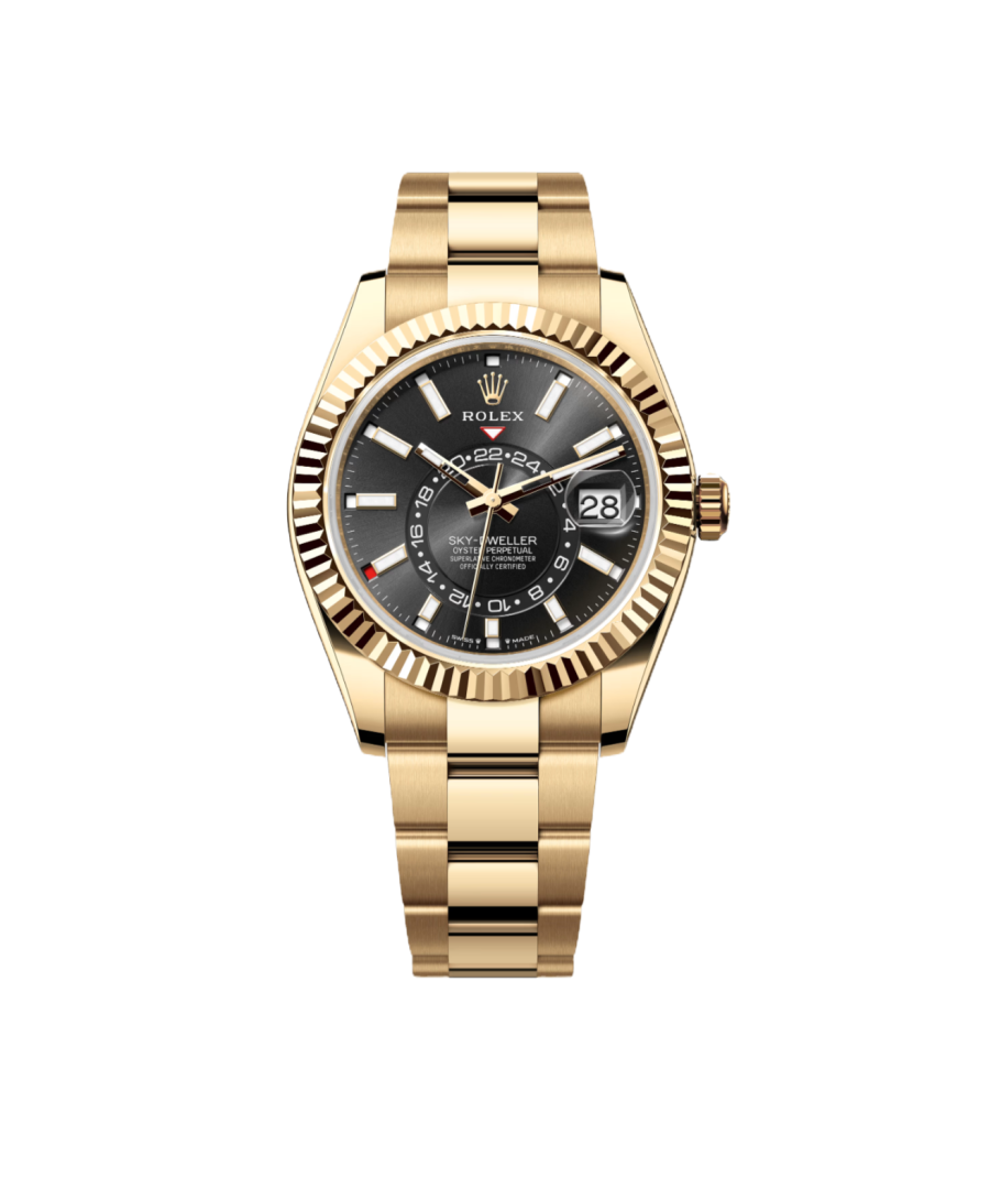 Super Clone Rolex Sky - Dweller, Oyster, Black And Yellow Gold, Black Dial