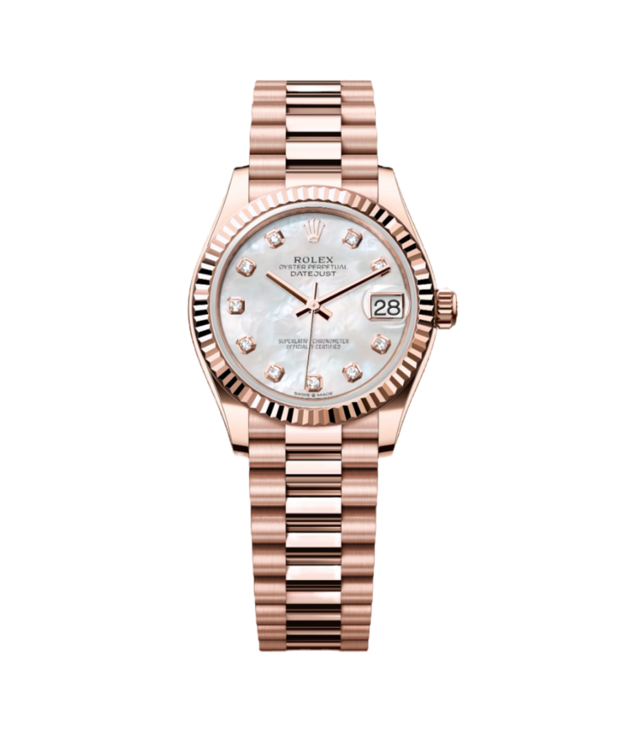 Super Clone Rolex ,White Mother-Of-Pearl Set With Diamonds , 31 mm, Everose Gold
