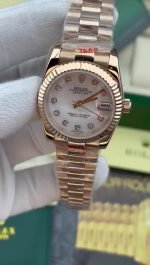 Super Clone Rolex ,White Mother-Of-Pearl Set With Diamonds , 31 mm, Everose Gold