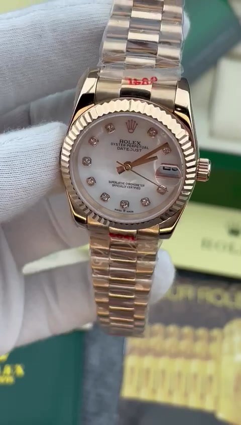 Super Clone Rolex ,White Mother-Of-Pearl Set With Diamonds , 31 mm, Everose Gold