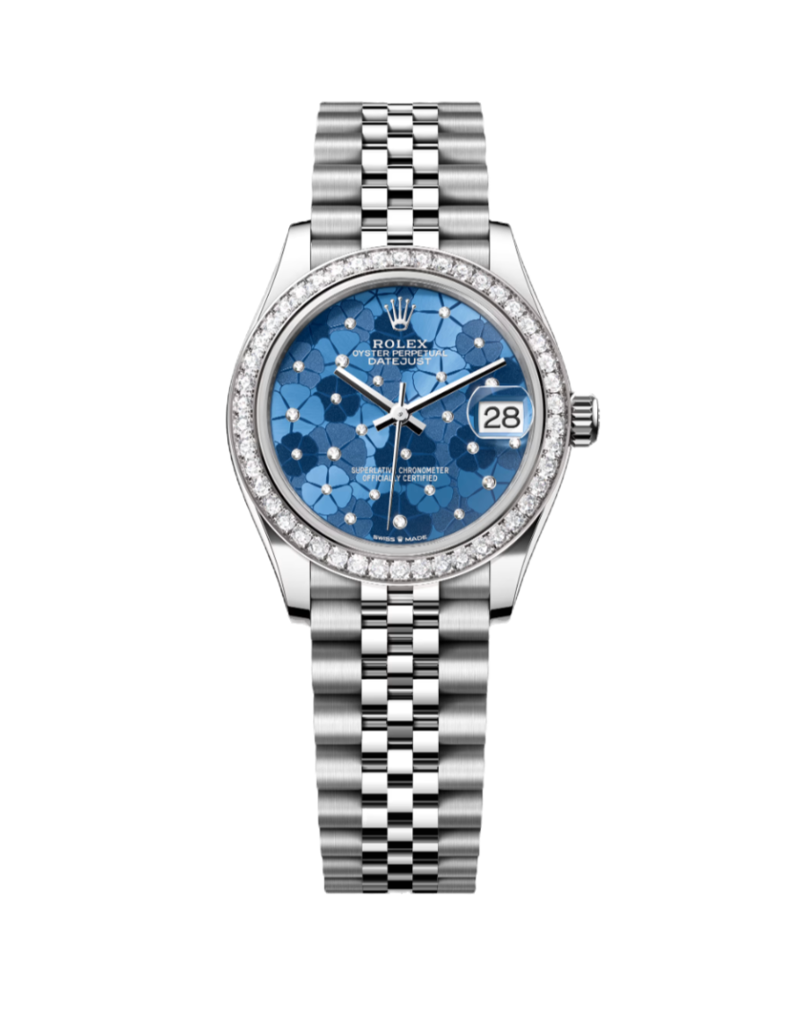 Super Clone Rolex ,Azzuro Blue, Floral Motif Set With Diamonds , 31 mm