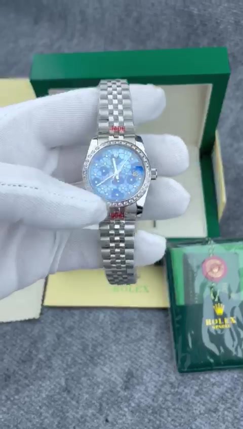 Super Clone Rolex ,Azzuro Blue, Floral Motif Set With Diamonds , 31 mm